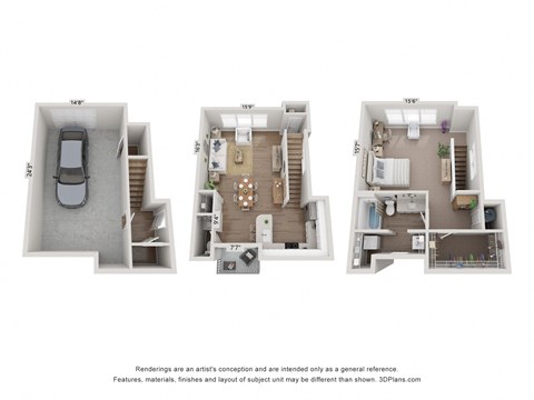 a 3d floor plan of a 3 bedroom apartment